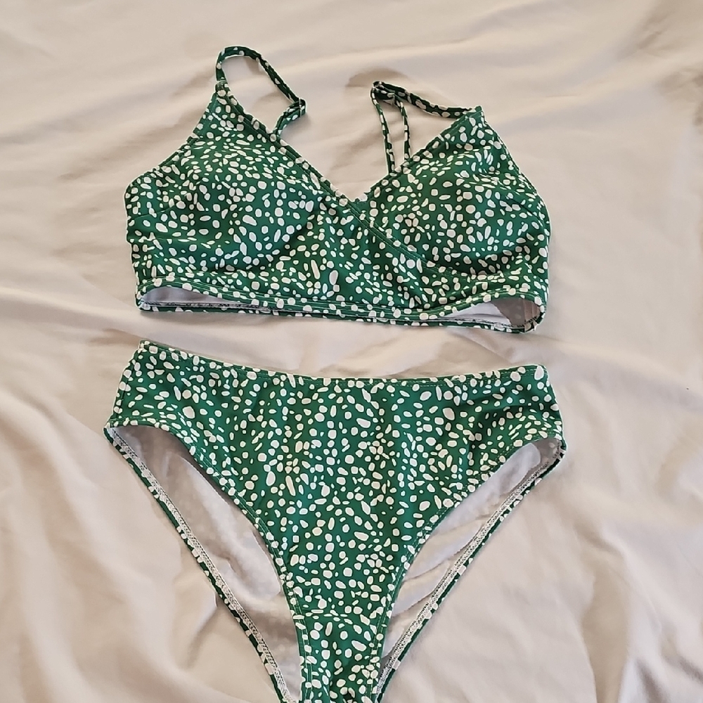 Green and White Bikini Set